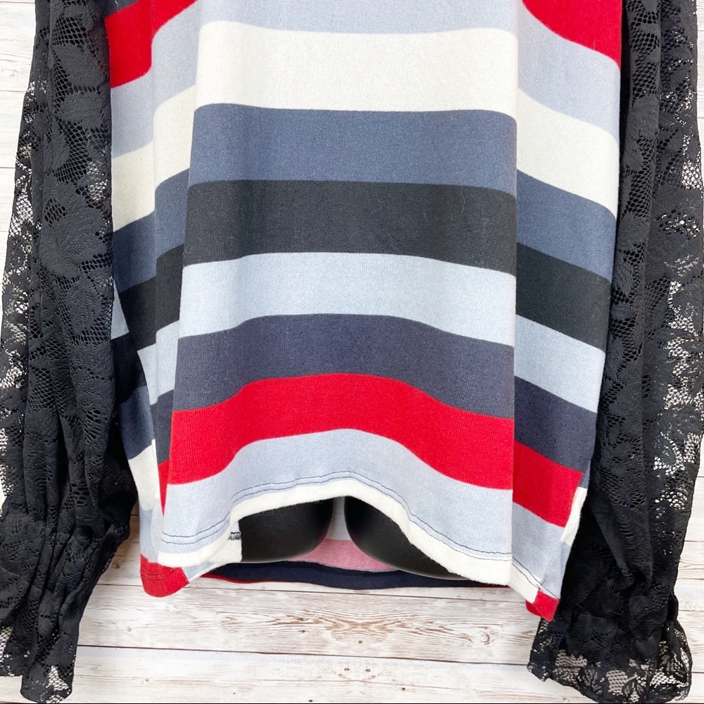 UMGEE Striped Sweater Billowy Boho Lace Sleeves - Picture 3 of 9